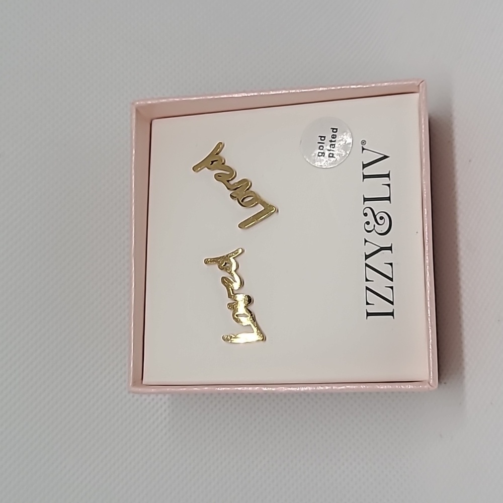 Izzy & Liv Gold Plated “Loved” Stud Earrings NIB